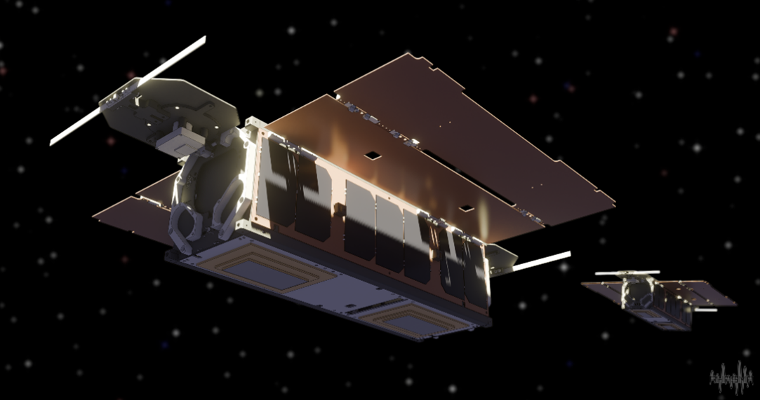 PHASMA-LAMARR and PHASMA-DIRAC twin CubeSats in orbit — in-formation render against a starfield