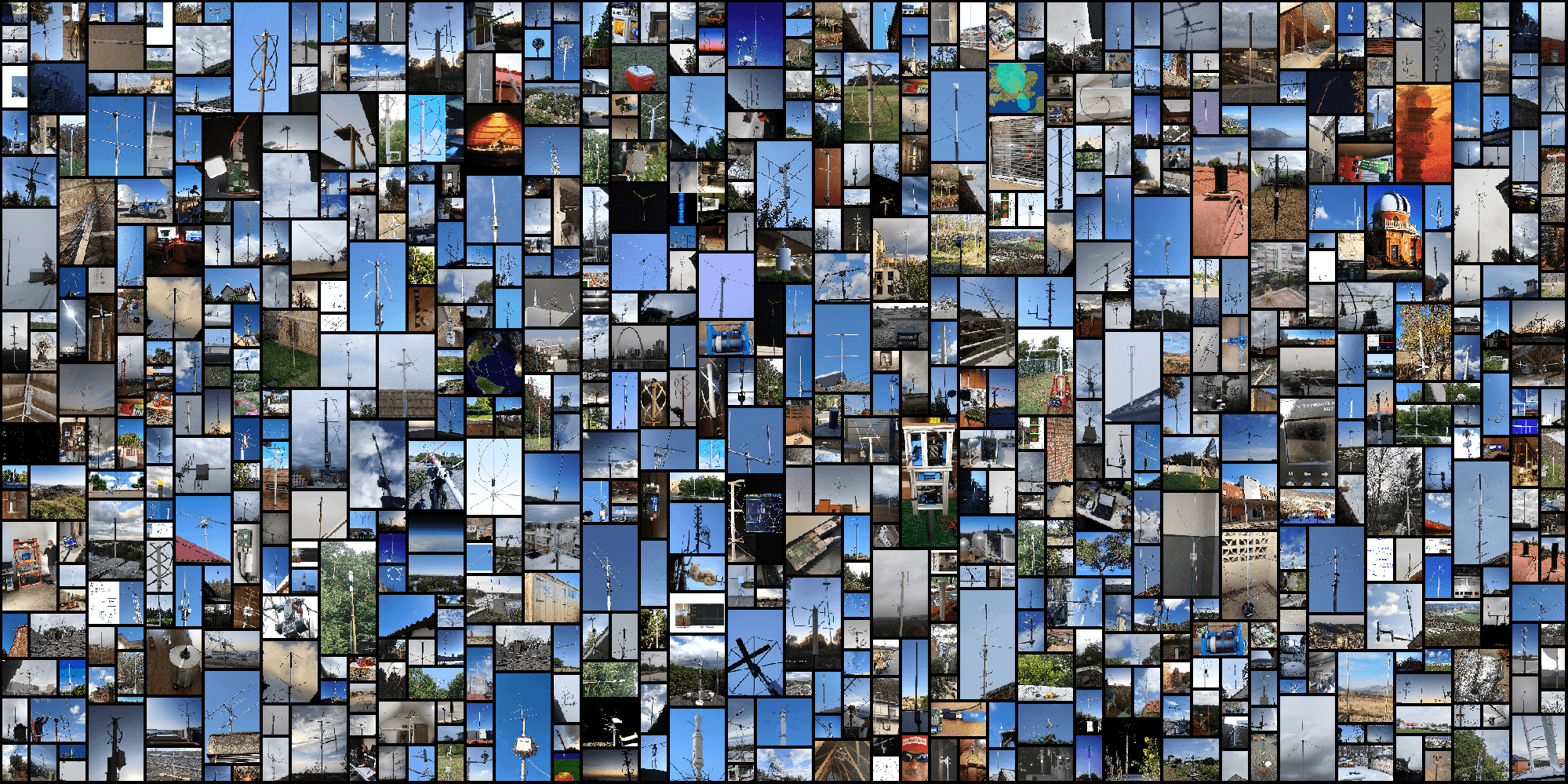 A grid of SatNOGS ground stations from around the world — rooftop antennas, garden installs, university lab setups